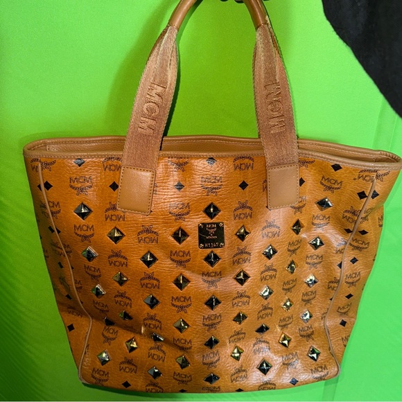 MCM Retro Tan Monogram Tote Bag with Studded Details